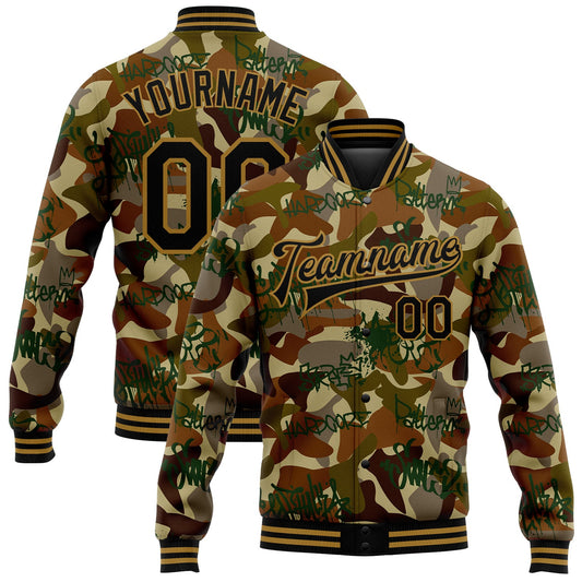 Custom Camo Black-Old Gold Graffiti Drips 3D Pattern Design Bomber Full-Snap Varsity Letterman Salute To Service Jacket - Main View