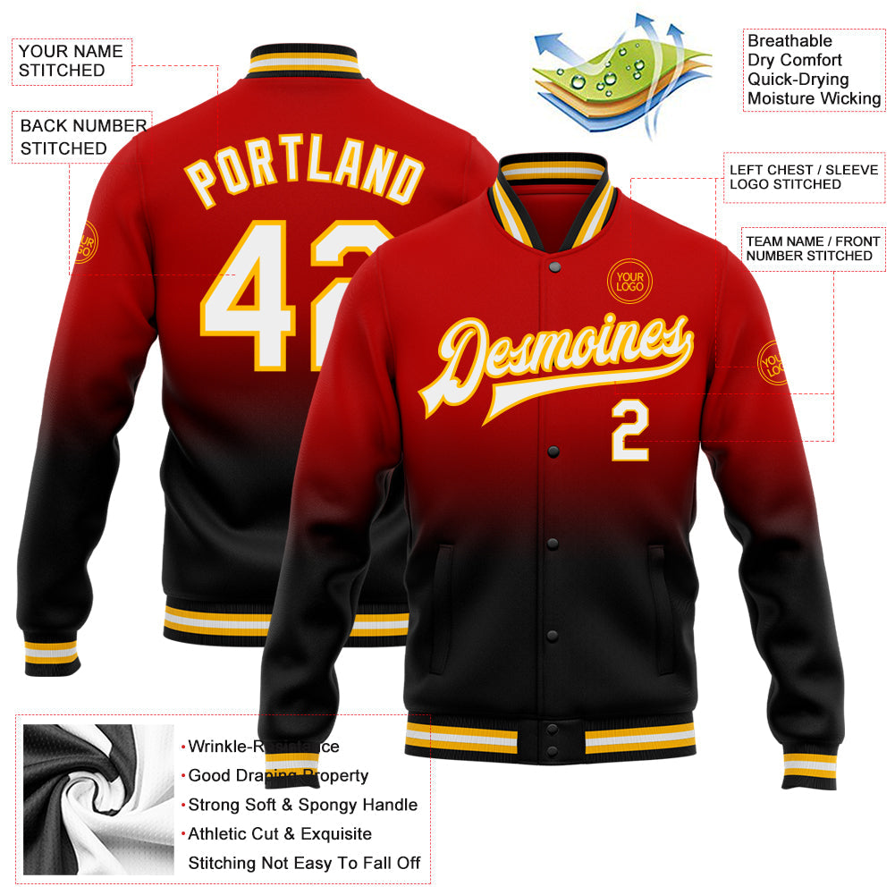 Custom Red White Black-Gold Bomber Full-Snap Varsity Letterman Fade Fashion Jacket view 5