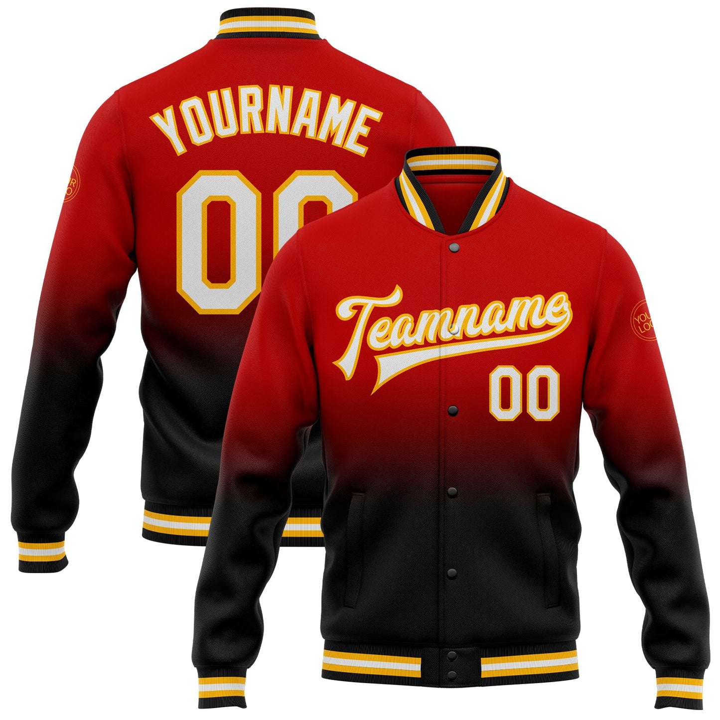Custom Red White Black-Gold Bomber Full-Snap Varsity Letterman Fade Fashion Jacket - Main View