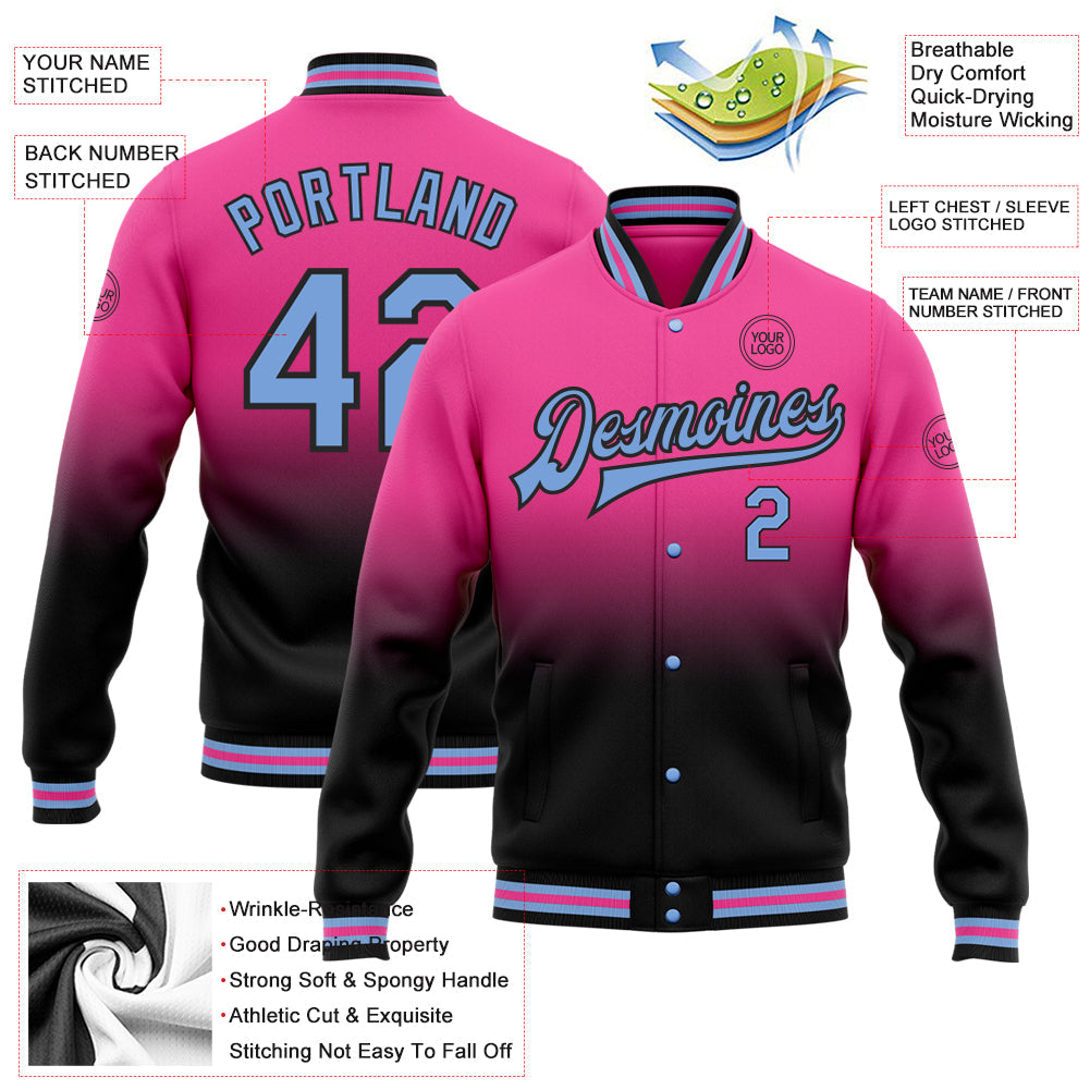 Custom Pink Light Blue-Black Bomber Full-Snap Varsity Letterman Fade Fashion Jacket view 5