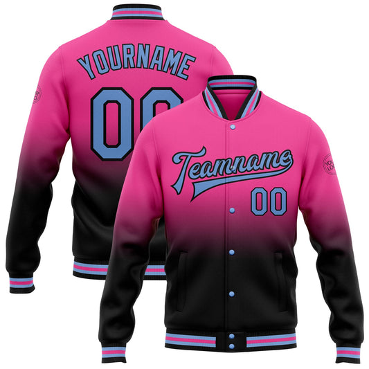 Custom Pink Light Blue-Black Bomber Full-Snap Varsity Letterman Fade Fashion Jacket - Main View