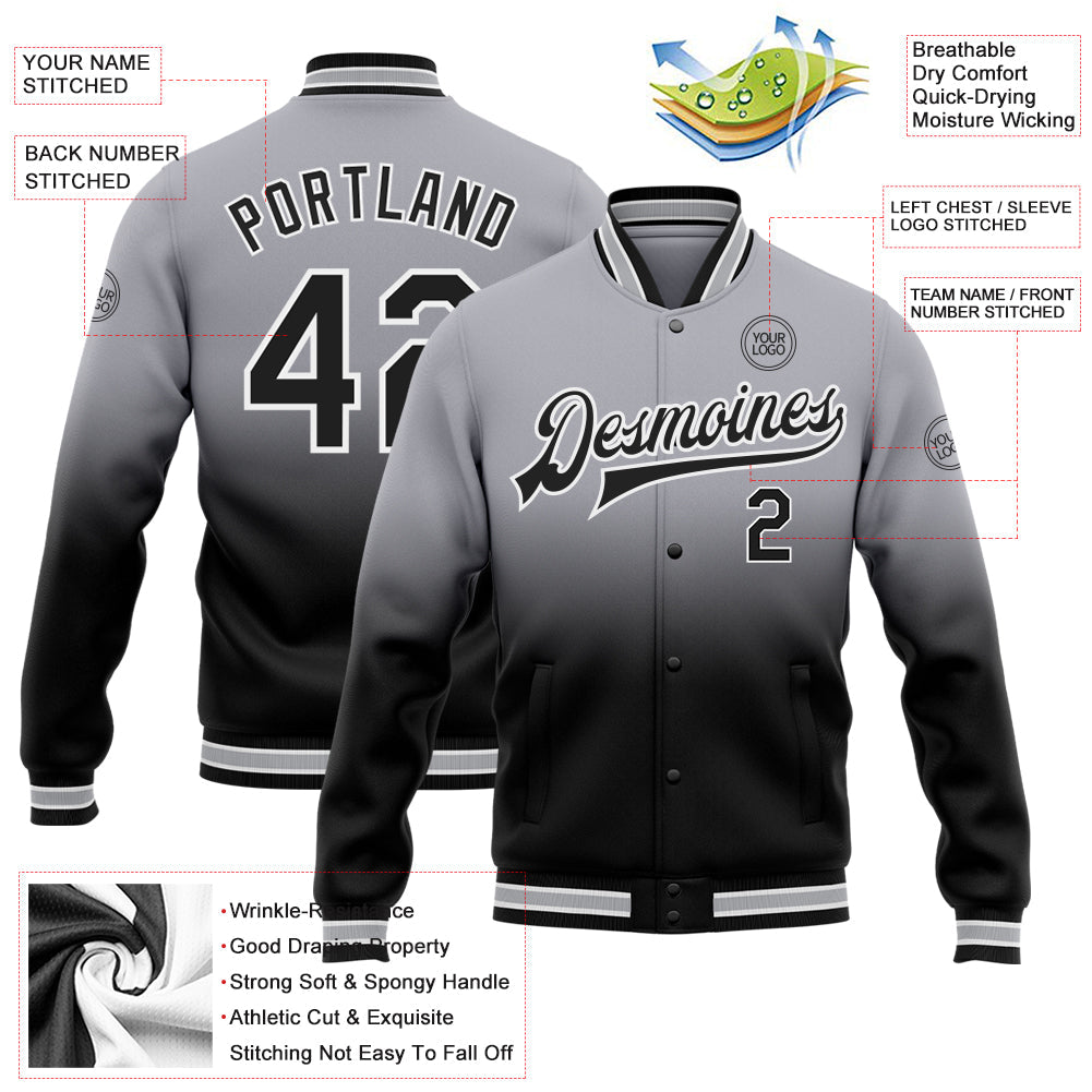 Custom Gray Black-White Bomber Full-Snap Varsity Letterman Fade Fashion Jacket view 5