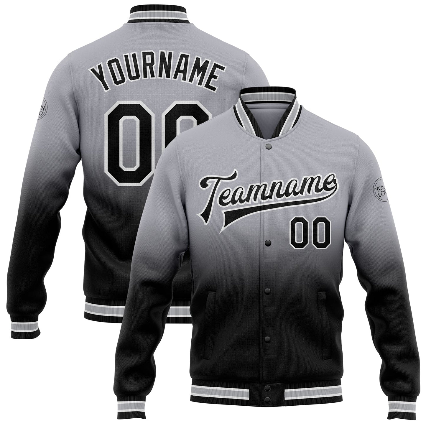 Custom Gray Black-White Bomber Full-Snap Varsity Letterman Fade Fashion Jacket - Main View