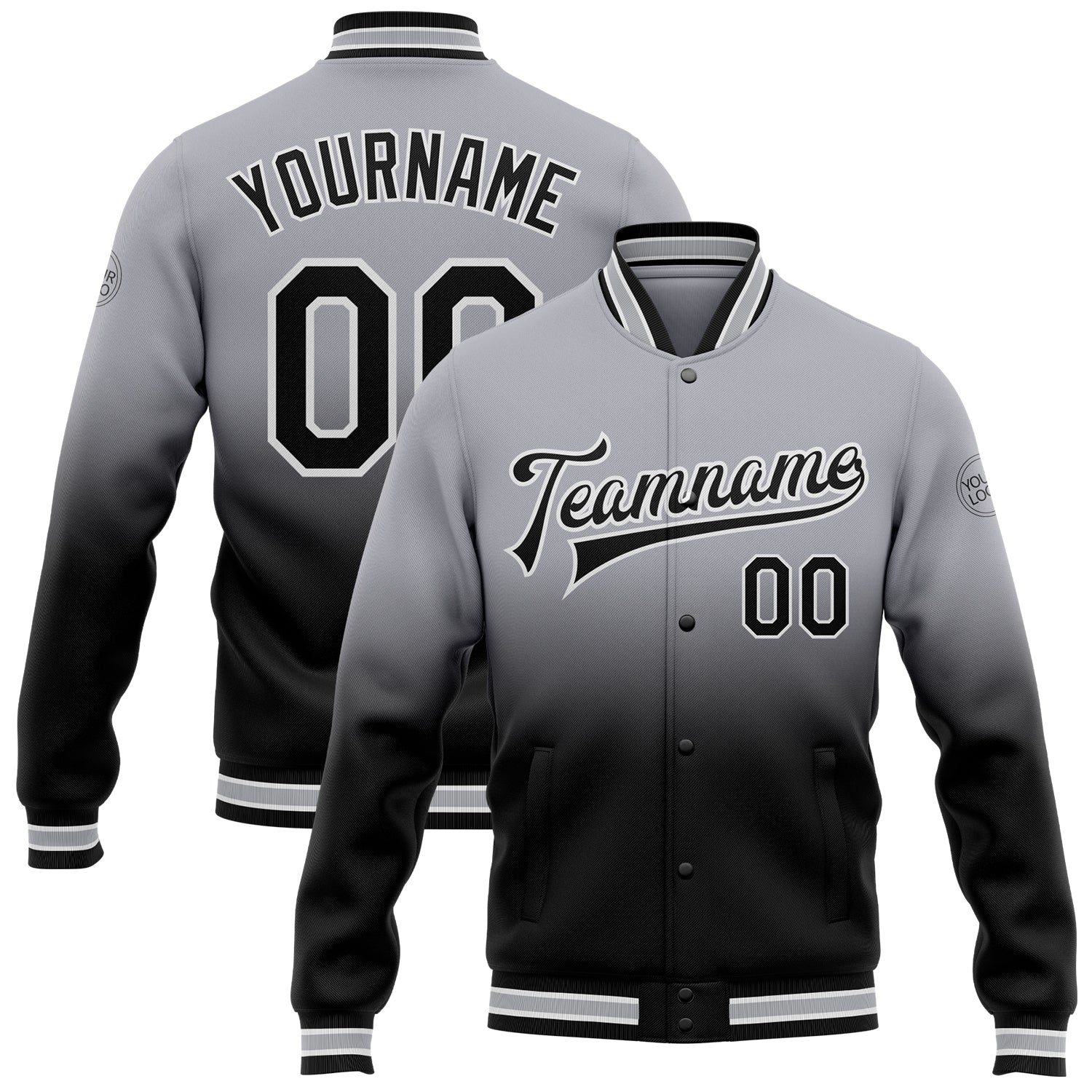 Custom Gray Black-White Bomber Full-Snap Varsity Letterman Fade Fashion Jacket - Main View
