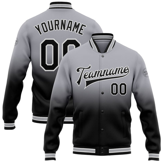 Custom Gray Black-White Bomber Full-Snap Varsity Letterman Fade Fashion Jacket - Main View