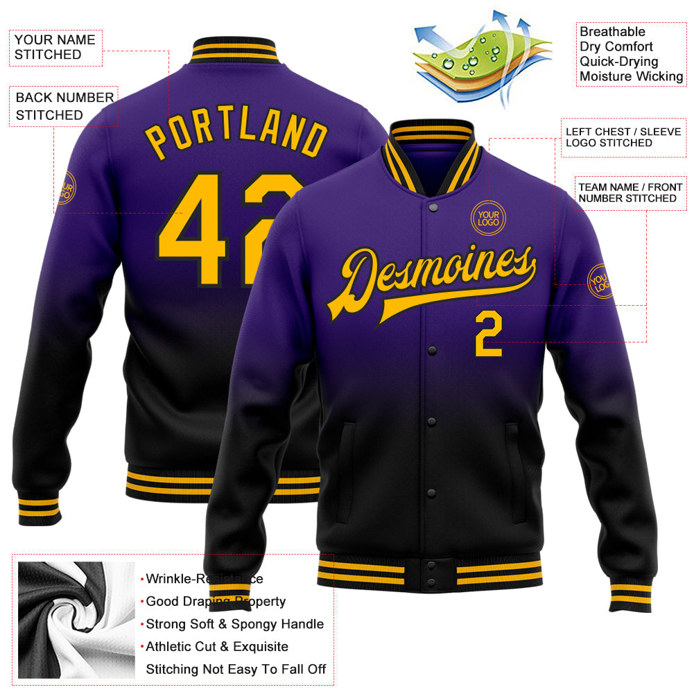 Custom Purple Gold-Black Bomber Full-Snap Varsity Letterman Fade Fashion Jacket view 5
