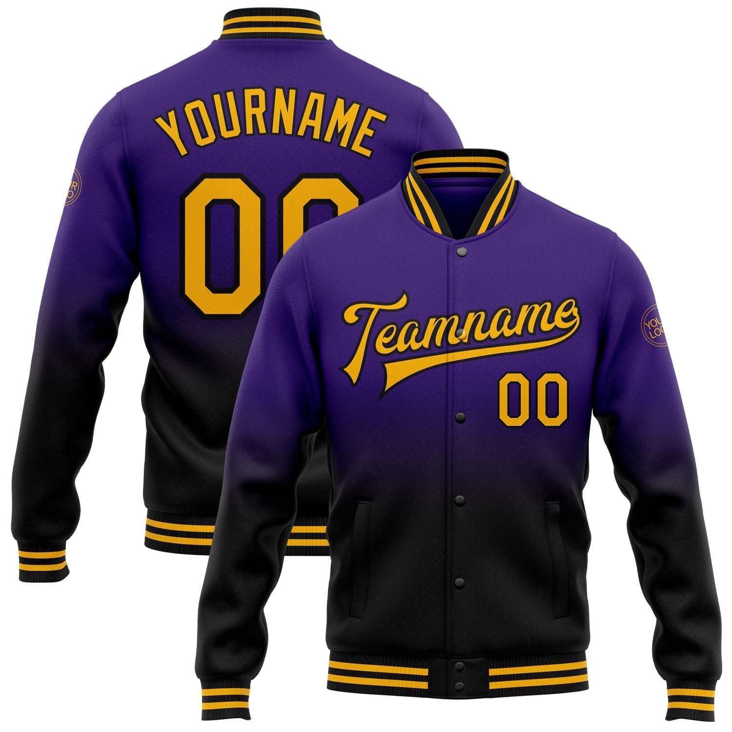 Custom Purple Gold-Black Bomber Full-Snap Varsity Letterman Fade Fashion Jacket - Main View