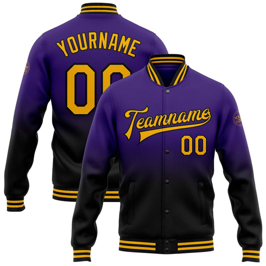 Custom Purple Gold-Black Bomber Full-Snap Varsity Letterman Fade Fashion Jacket - Main View