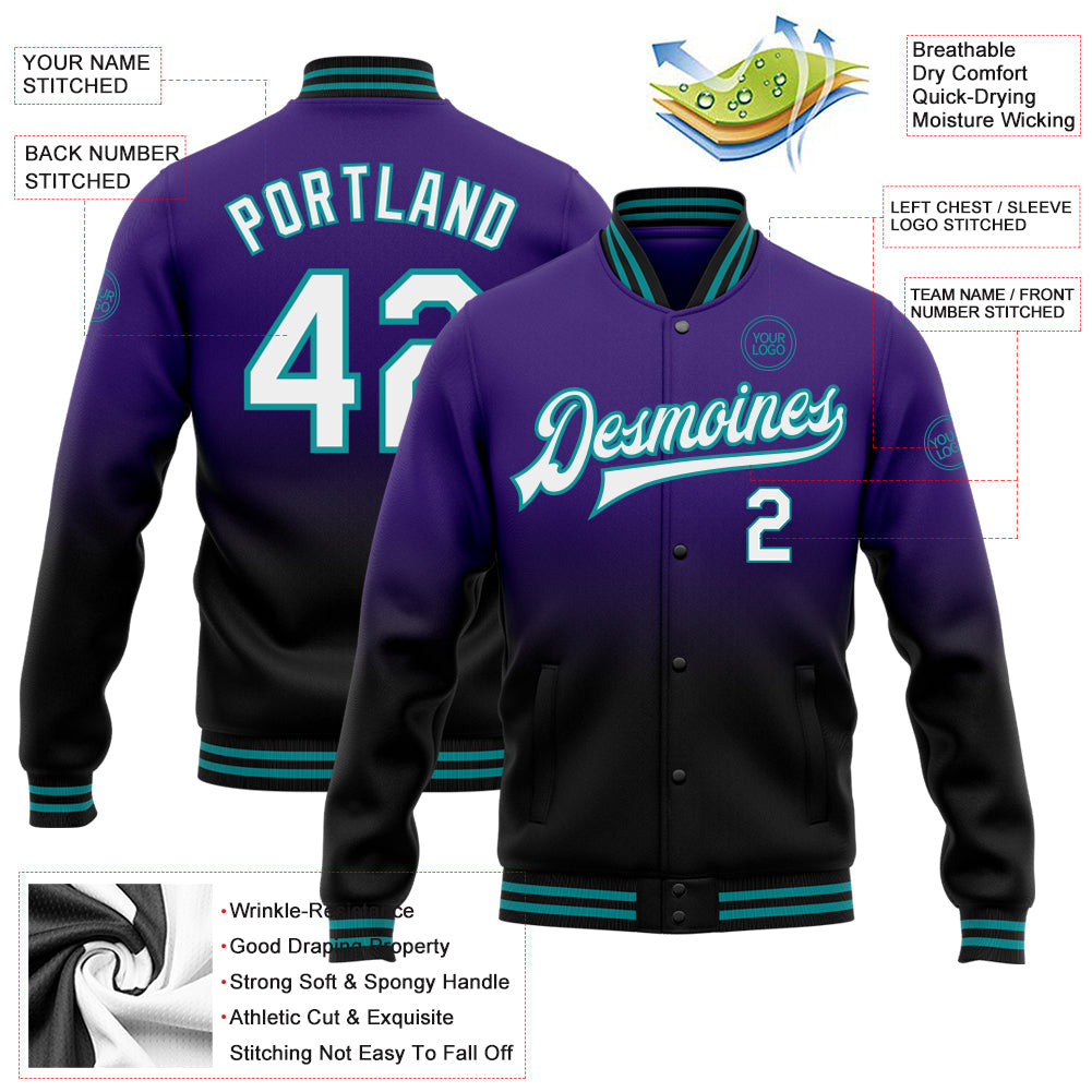 Custom Purple White Black-Teal Bomber Full-Snap Varsity Letterman Fade Fashion Jacket view 5