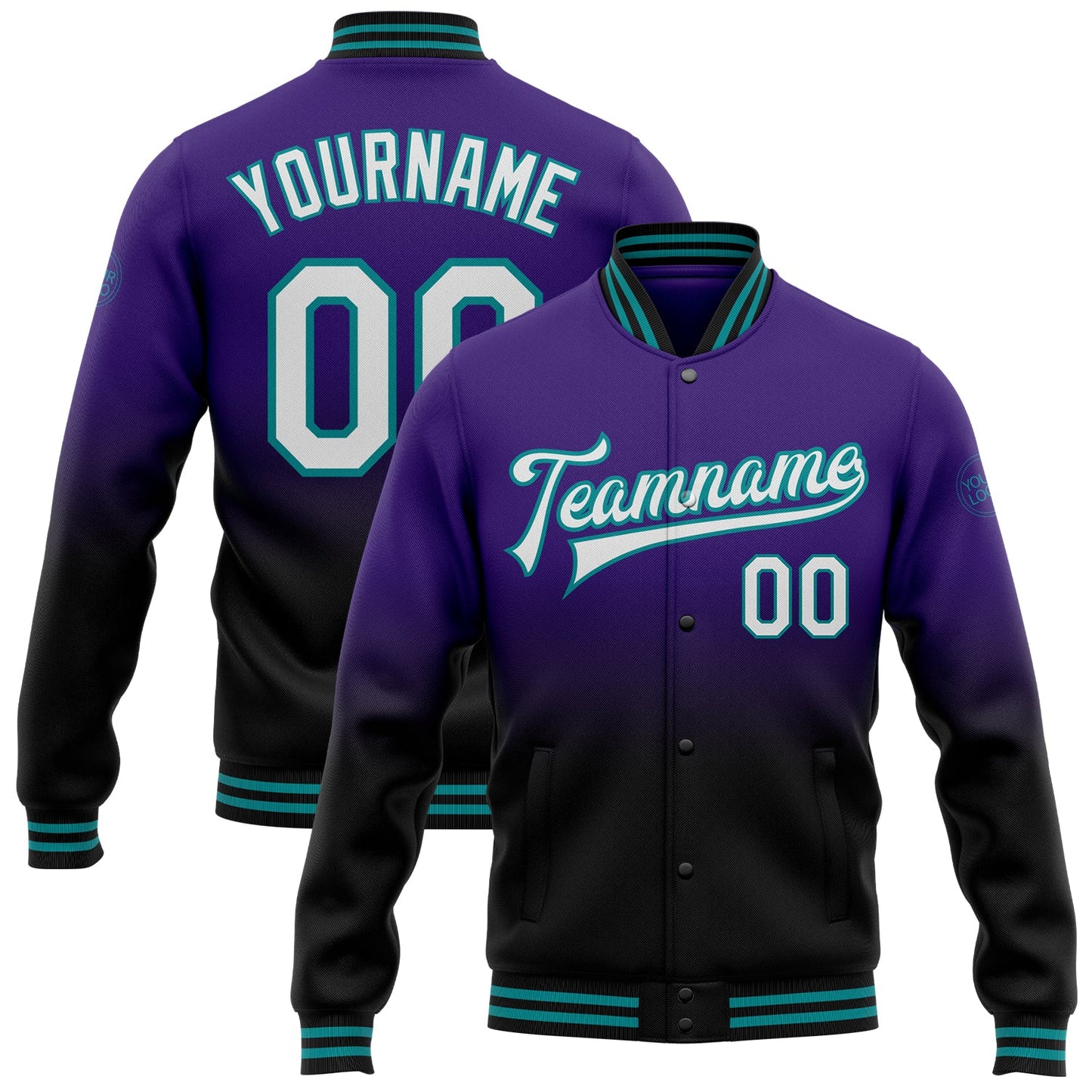 Custom Purple White Black-Teal Bomber Full-Snap Varsity Letterman Fade Fashion Jacket - Main View