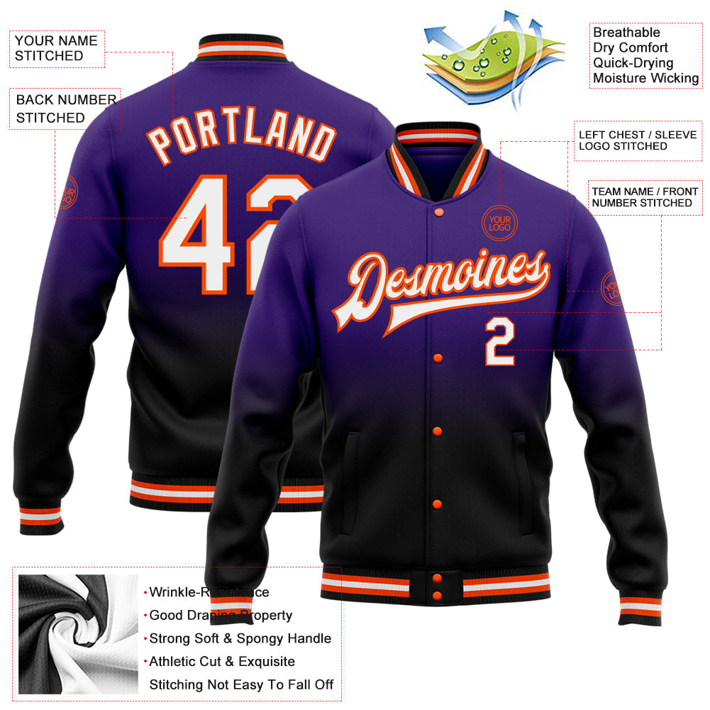 Custom Purple White Black-Orange Bomber Full-Snap Varsity Letterman Fade Fashion Jacket view 5