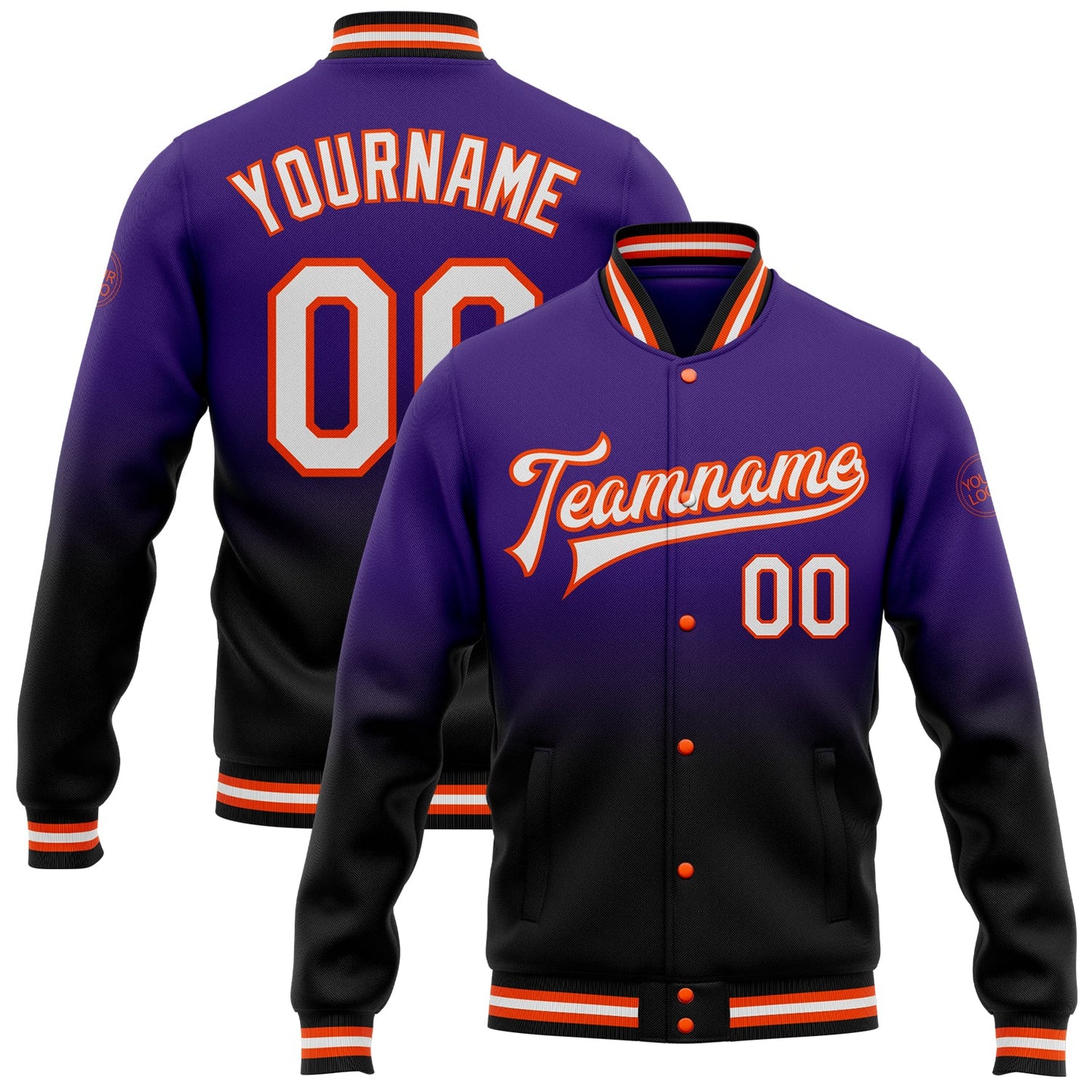 Custom Purple White Black-Orange Bomber Full-Snap Varsity Letterman Fade Fashion Jacket - Main View