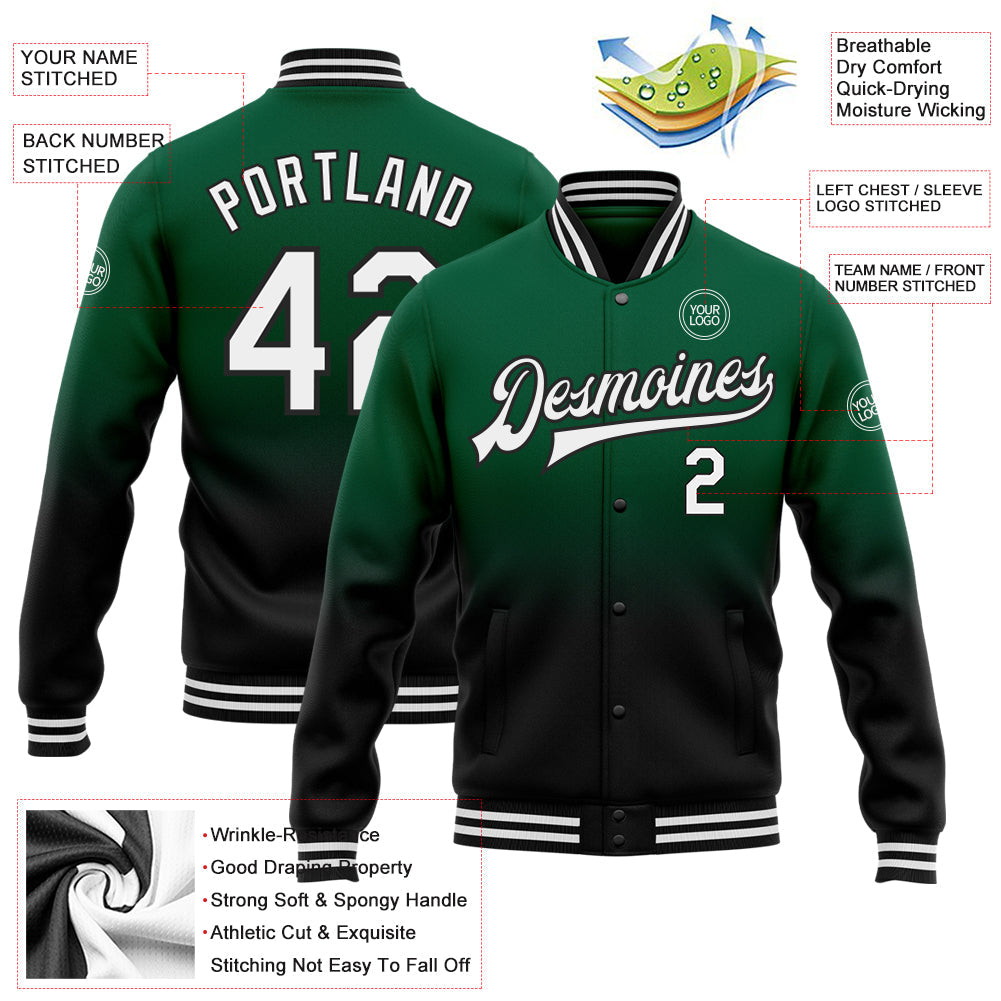 Custom Kelly Green White-Black Bomber Full-Snap Varsity Letterman Fade Fashion Jacket view 5