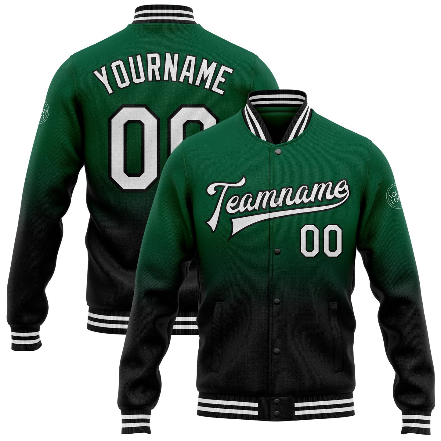 Custom Kelly Green White-Black Bomber Full-Snap Varsity Letterman Fade Fashion Jacket - Main View