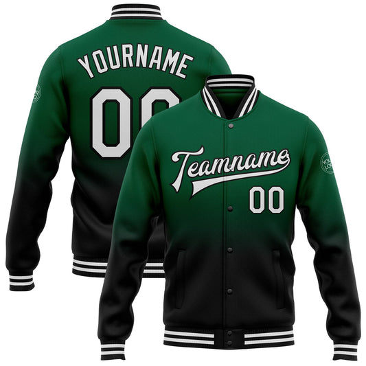 Custom Kelly Green White-Black Bomber Full-Snap Varsity Letterman Fade Fashion Jacket - Main View