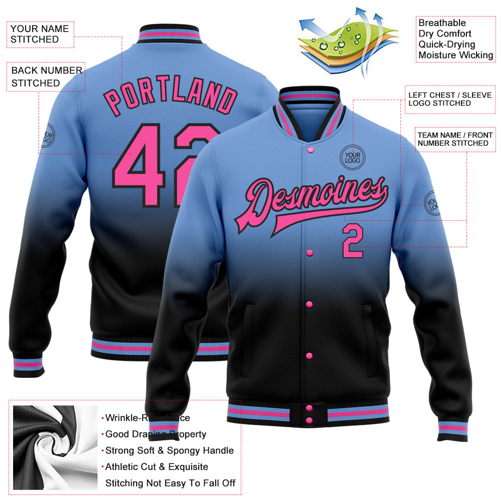 Custom Light Blue Pink-Black Bomber Full-Snap Varsity Letterman Fade Fashion Jacket view 5