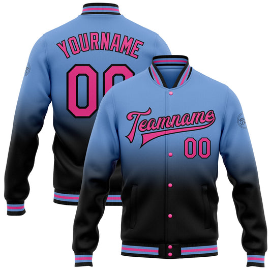 Custom Light Blue Pink-Black Bomber Full-Snap Varsity Letterman Fade Fashion Jacket - Main View