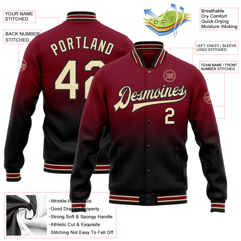 Custom Crimson City Cream-Black Bomber Full-Snap Varsity Letterman Fade Fashion Jacket view 5