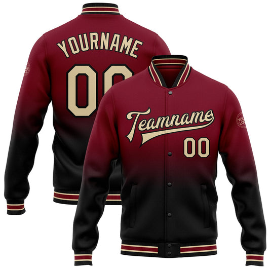 Custom Crimson City Cream-Black Bomber Full-Snap Varsity Letterman Fade Fashion Jacket - Main View