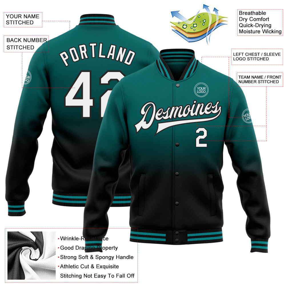 Custom Teal White-Black Bomber Full-Snap Varsity Letterman Fade Fashion Jacket view 5