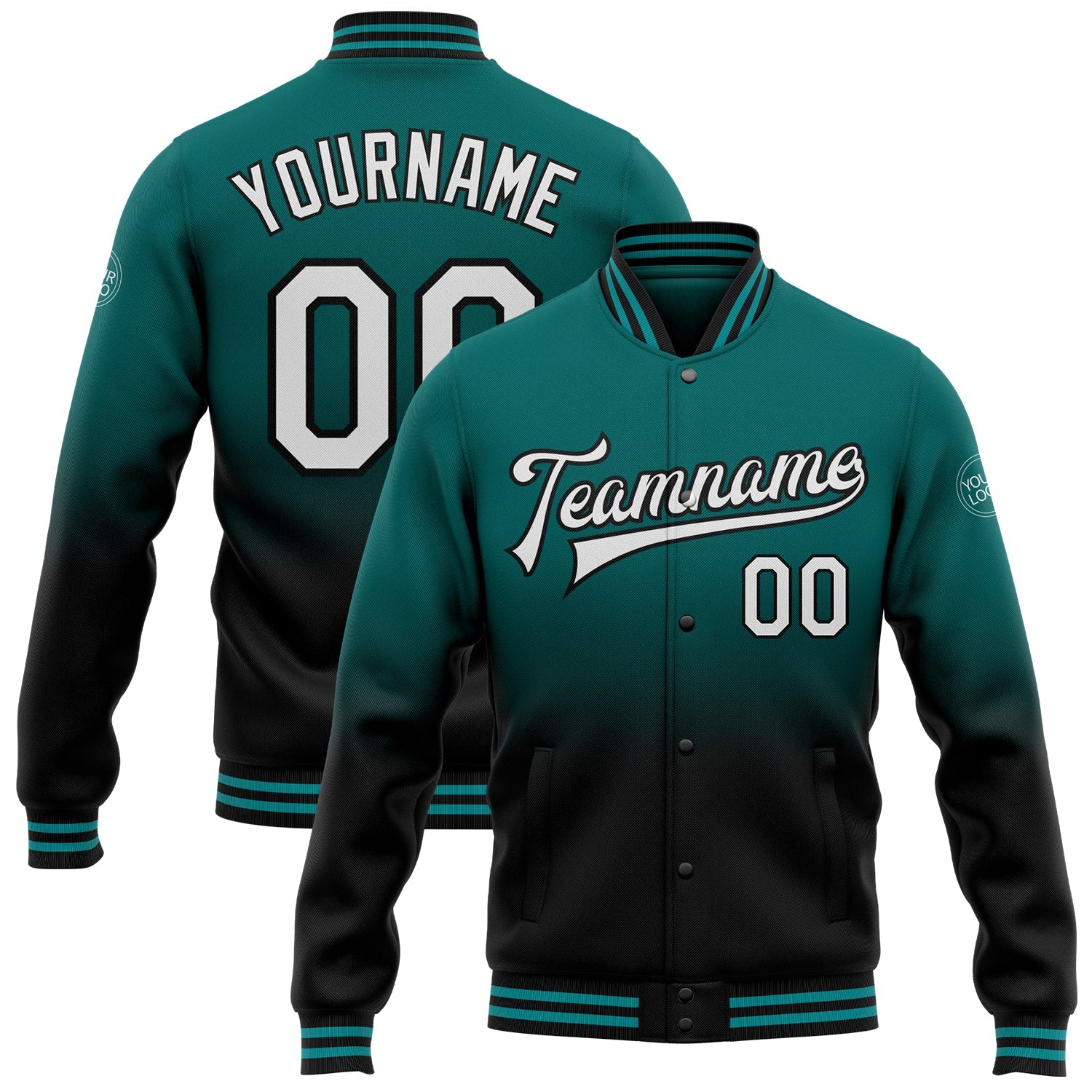 Custom Teal White-Black Bomber Full-Snap Varsity Letterman Fade Fashion Jacket - Main View