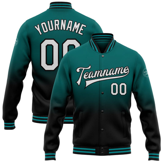 Custom Teal White-Black Bomber Full-Snap Varsity Letterman Fade Fashion Jacket - Main View