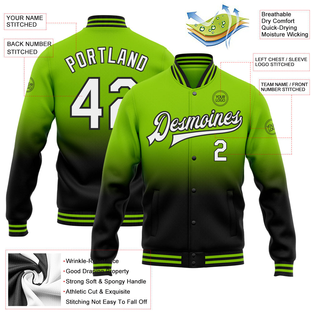 Custom Neon Green White-Black Bomber Full-Snap Varsity Letterman Fade Fashion Jacket view 5