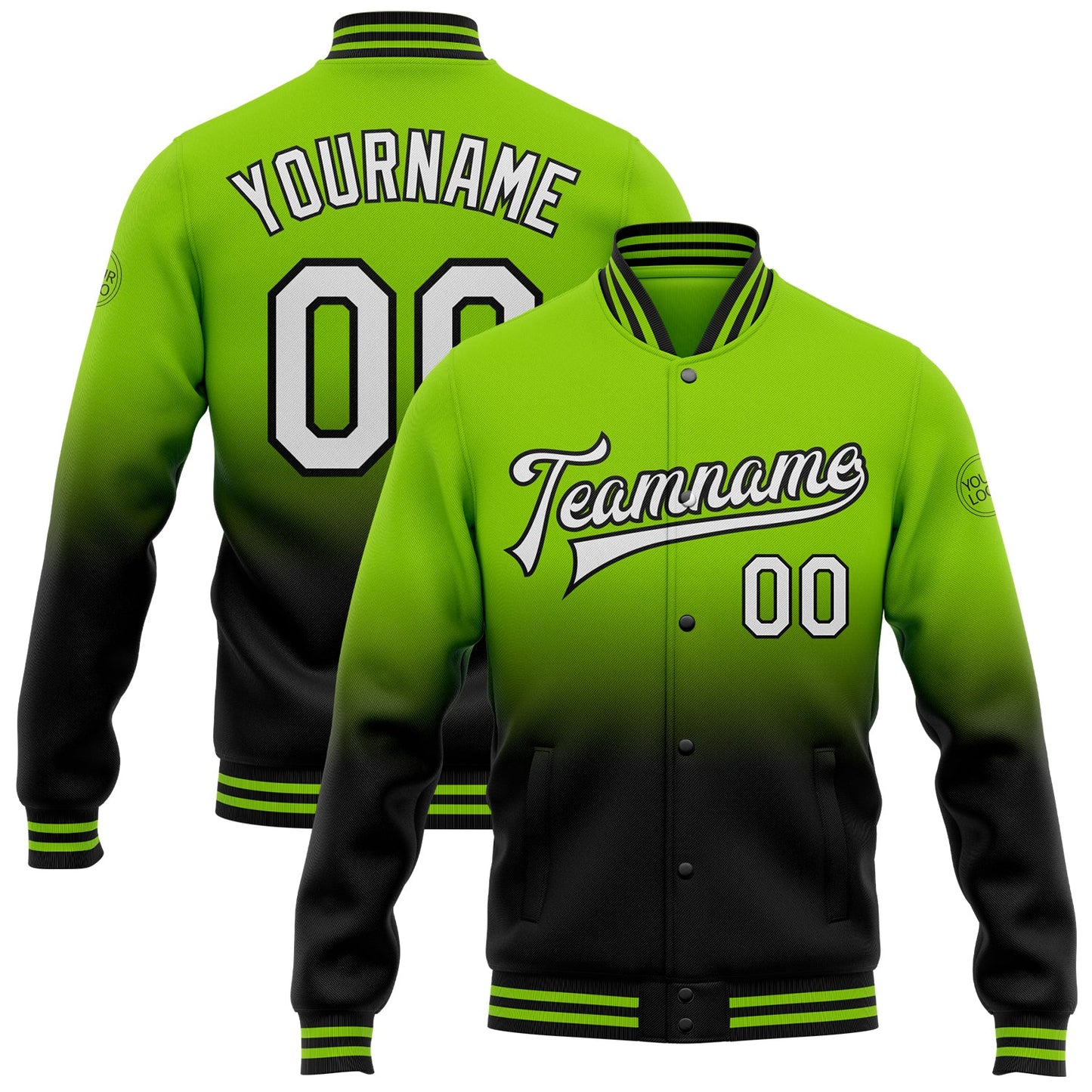 Custom Neon Green White-Black Bomber Full-Snap Varsity Letterman Fade Fashion Jacket - Main View