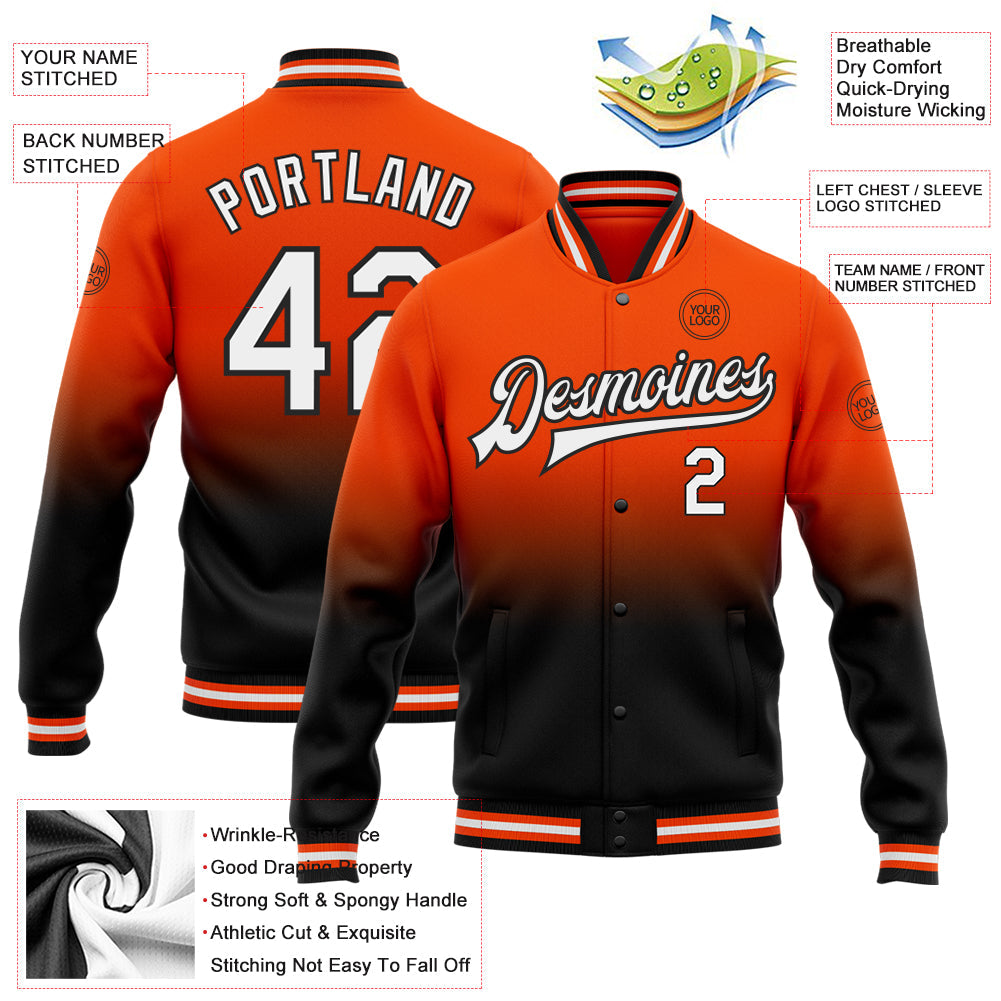Custom Orange White-Black Bomber Full-Snap Varsity Letterman Fade Fashion Jacket view 5