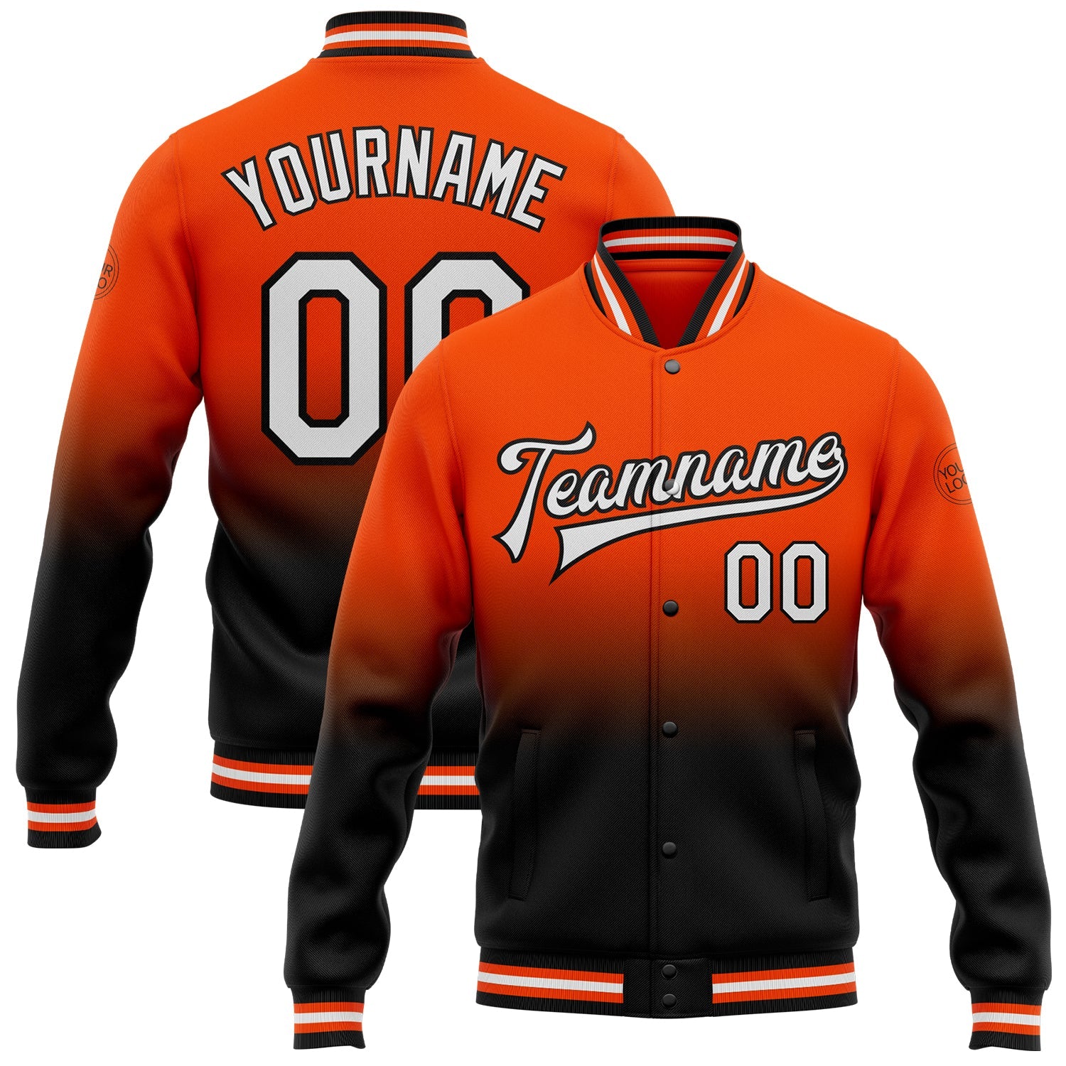 Custom Orange White-Black Bomber Full-Snap Varsity Letterman Fade Fashion Jacket - Main View