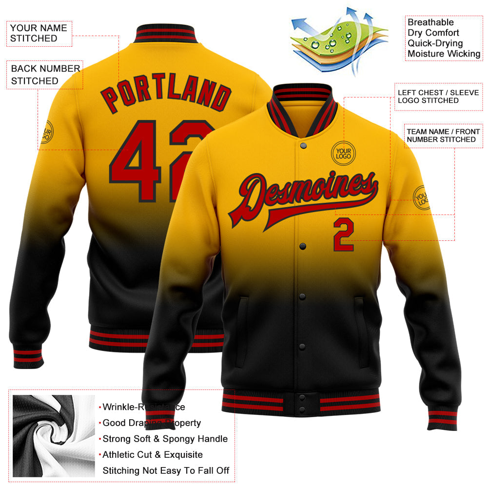 Custom Gold Red-Black Bomber Full-Snap Varsity Letterman Fade Fashion Jacket view 5