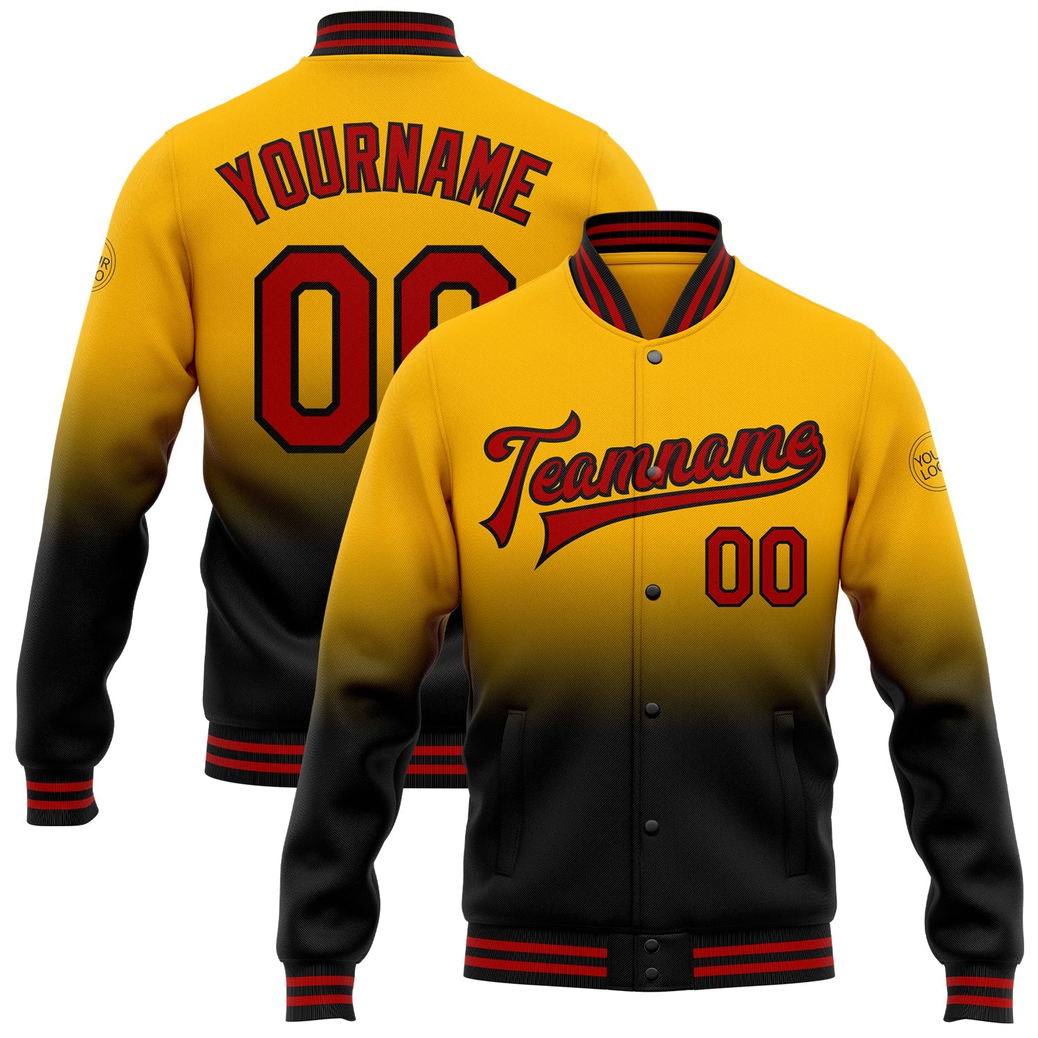 Custom Gold Red-Black Bomber Full-Snap Varsity Letterman Fade Fashion Jacket - Main View