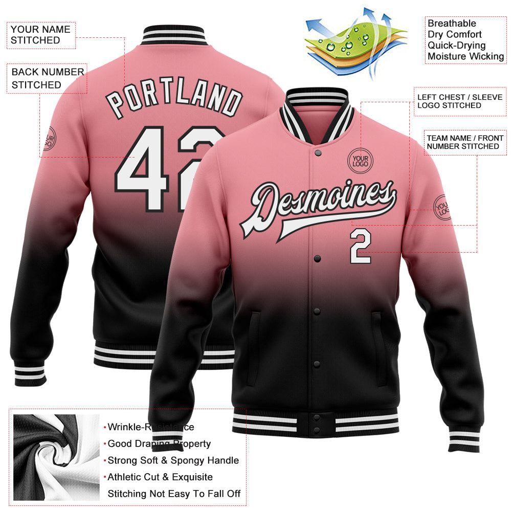 Custom Medium Pink White-Black Bomber Full-Snap Varsity Letterman Fade Fashion Jacket view 5
