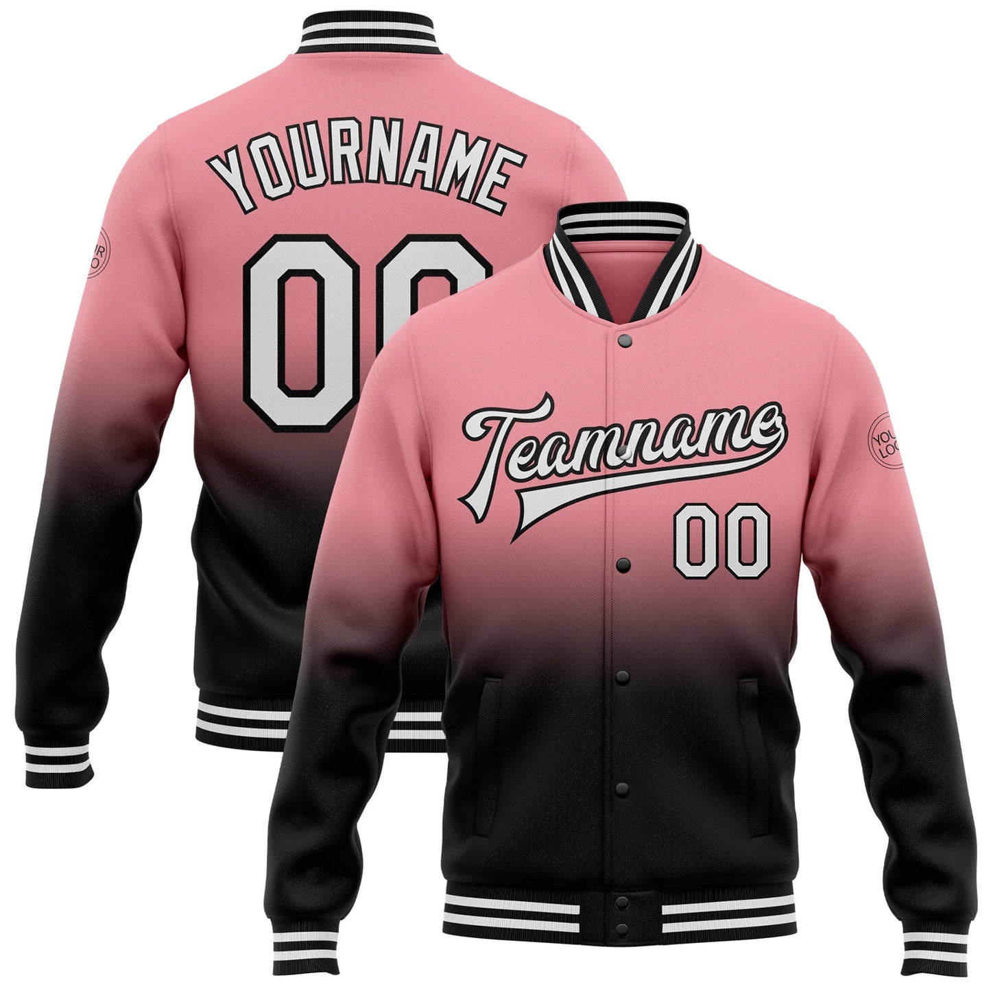 Custom Medium Pink White-Black Bomber Full-Snap Varsity Letterman Fade Fashion Jacket - Main View