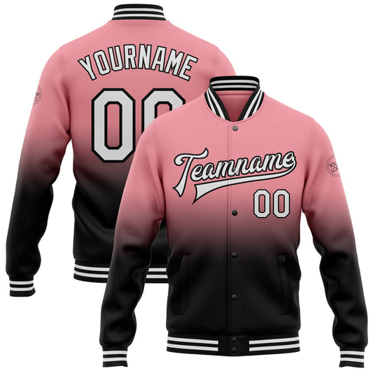 Custom Medium Pink White-Black Bomber Full-Snap Varsity Letterman Fade Fashion Jacket - Main View