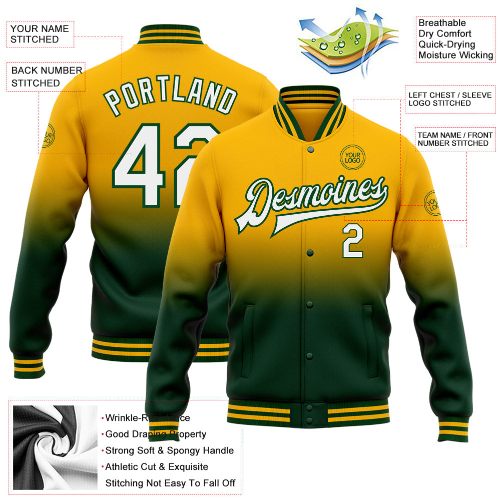 Custom Gold White-Green Bomber Full-Snap Varsity Letterman Fade Fashion Jacket view 5