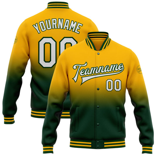 Custom Gold White-Green Bomber Full-Snap Varsity Letterman Fade Fashion Jacket - Main View