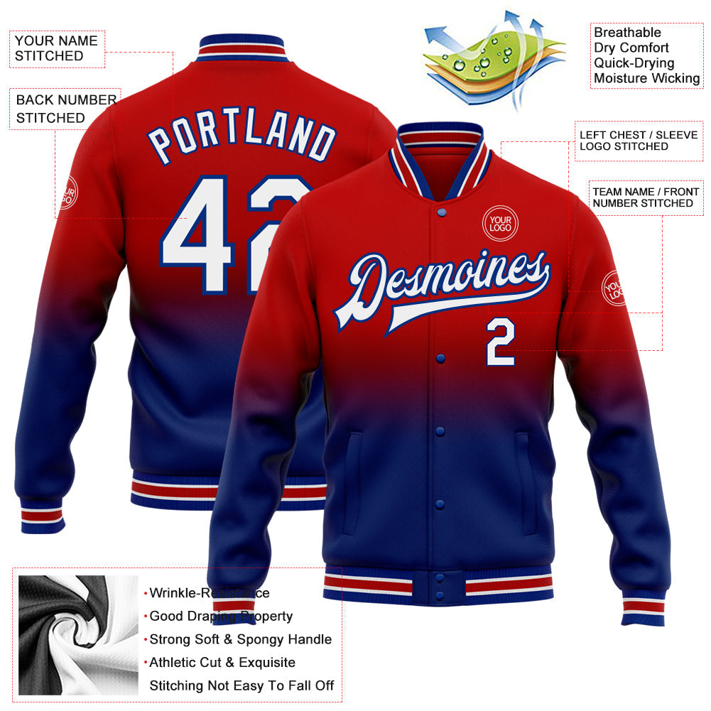 Custom Red White-Royal Bomber Full-Snap Varsity Letterman Fade Fashion Jacket view 5