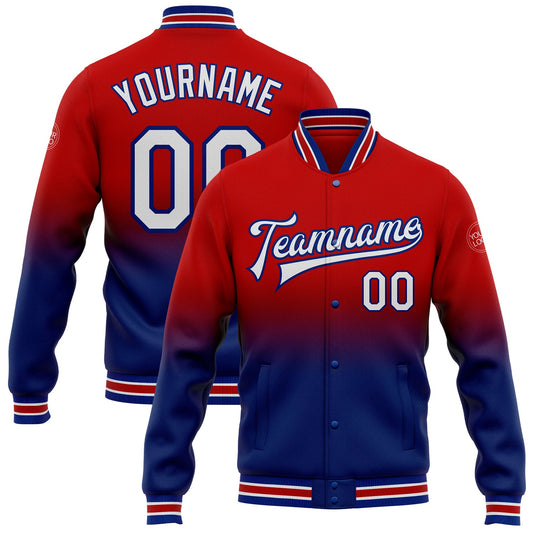 Custom Red White-Royal Bomber Full-Snap Varsity Letterman Fade Fashion Jacket - Main View