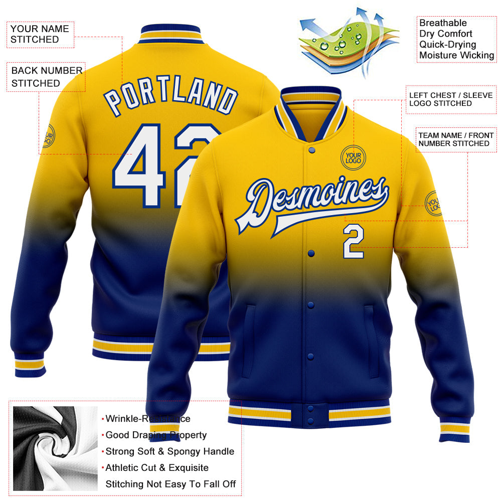 Custom Yellow White-Royal Bomber Full-Snap Varsity Letterman Fade Fashion Jacket view 5