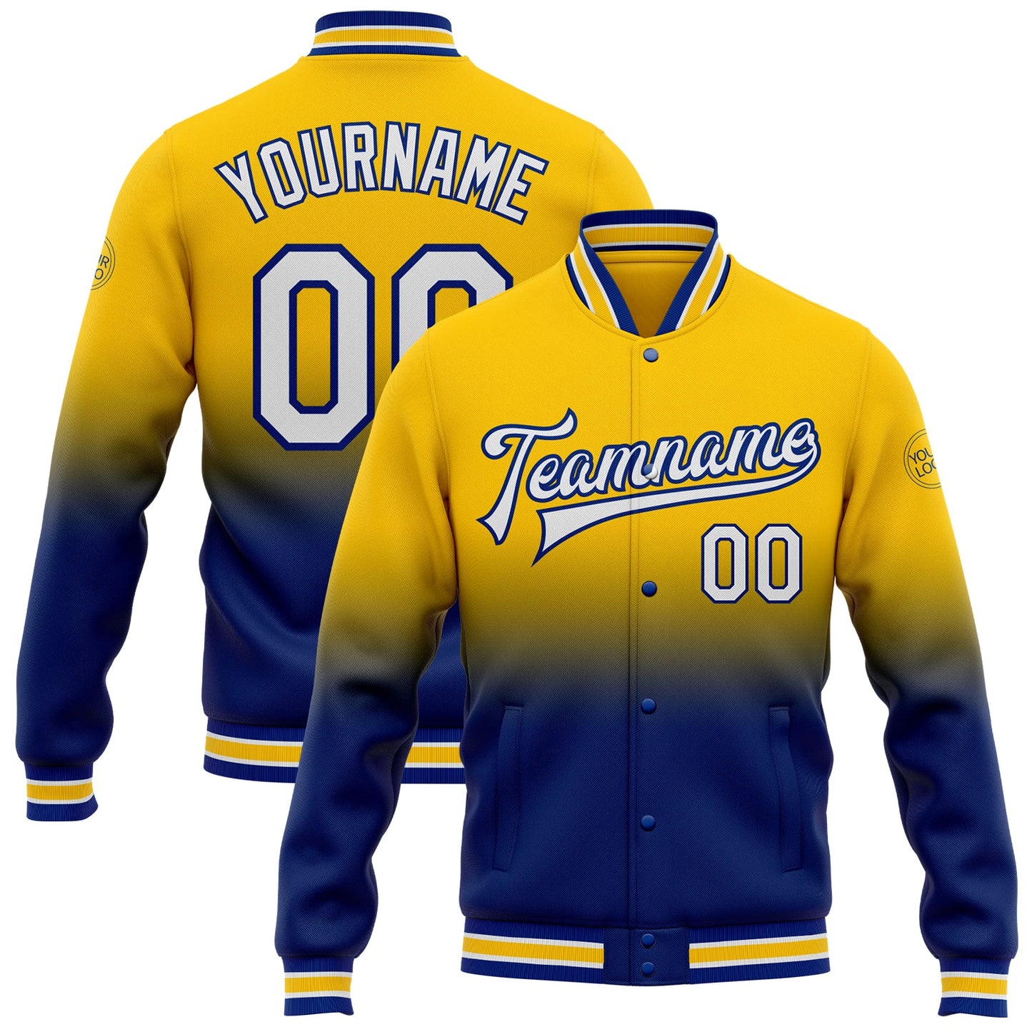 Custom Yellow White-Royal Bomber Full-Snap Varsity Letterman Fade Fashion Jacket - Main View