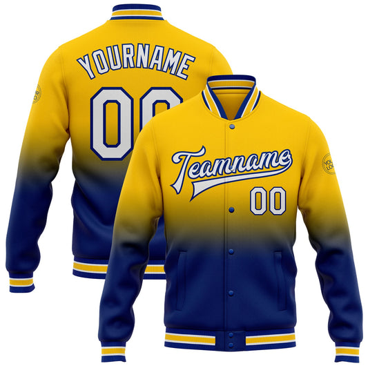 Custom Yellow White-Royal Bomber Full-Snap Varsity Letterman Fade Fashion Jacket - Main View