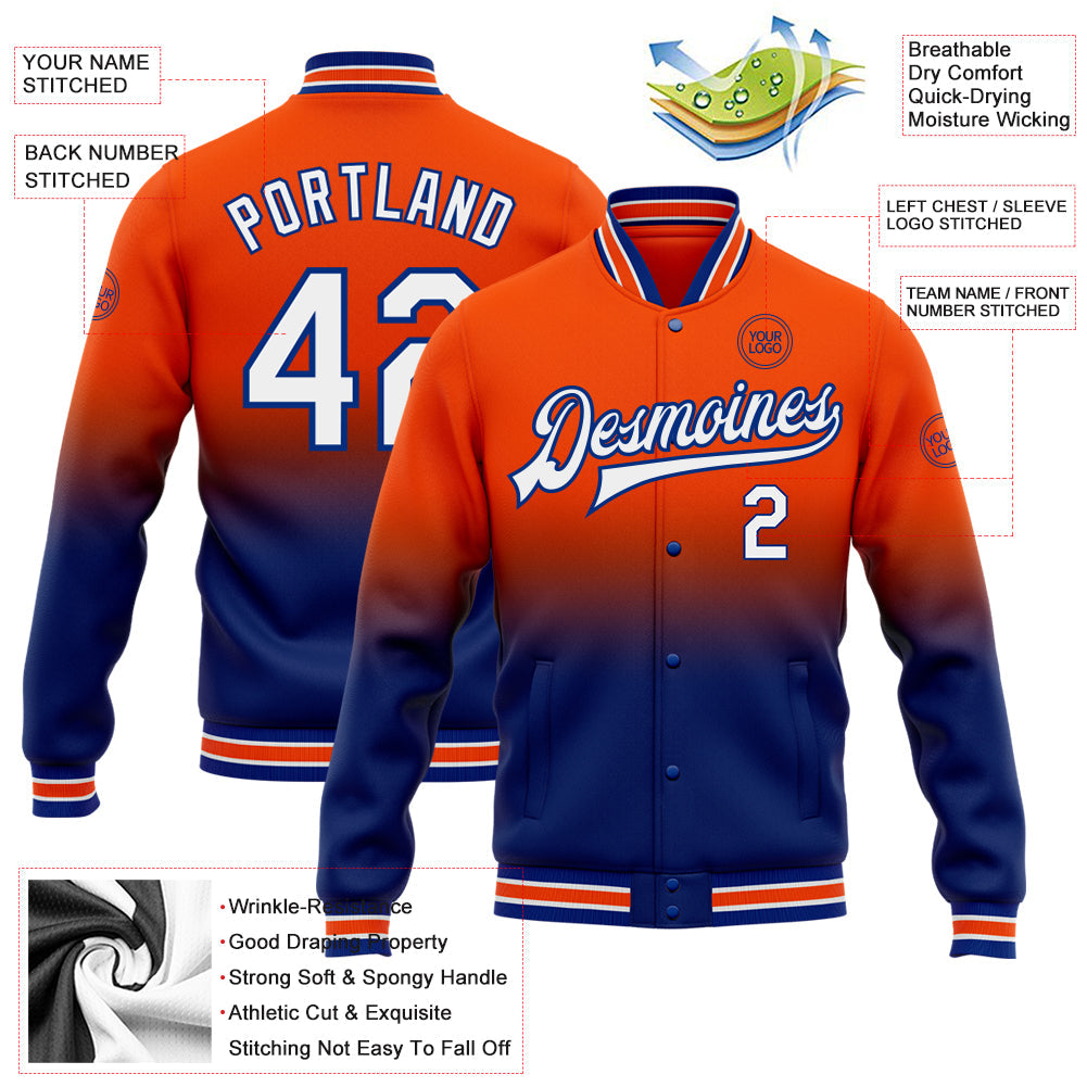 Custom Orange White-Royal Bomber Full-Snap Varsity Letterman Fade Fashion Jacket view 5