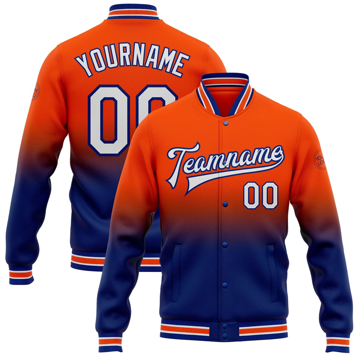 Custom Orange White-Royal Bomber Full-Snap Varsity Letterman Fade Fashion Jacket - Main View