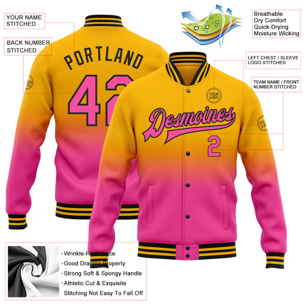 Custom Gold Pink-Black Bomber Full-Snap Varsity Letterman Fade Fashion Jacket view 5