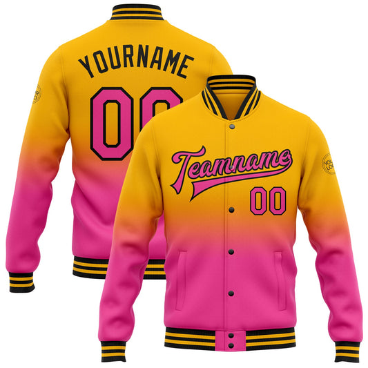 Custom Gold Pink-Black Bomber Full-Snap Varsity Letterman Fade Fashion Jacket - Main View