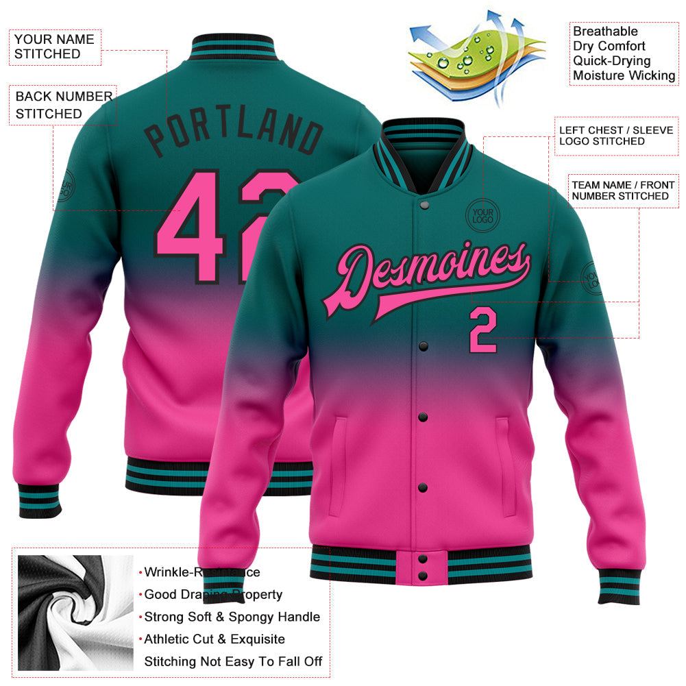 Custom Teal Pink-Black Bomber Full-Snap Varsity Letterman Fade Fashion Jacket view 5