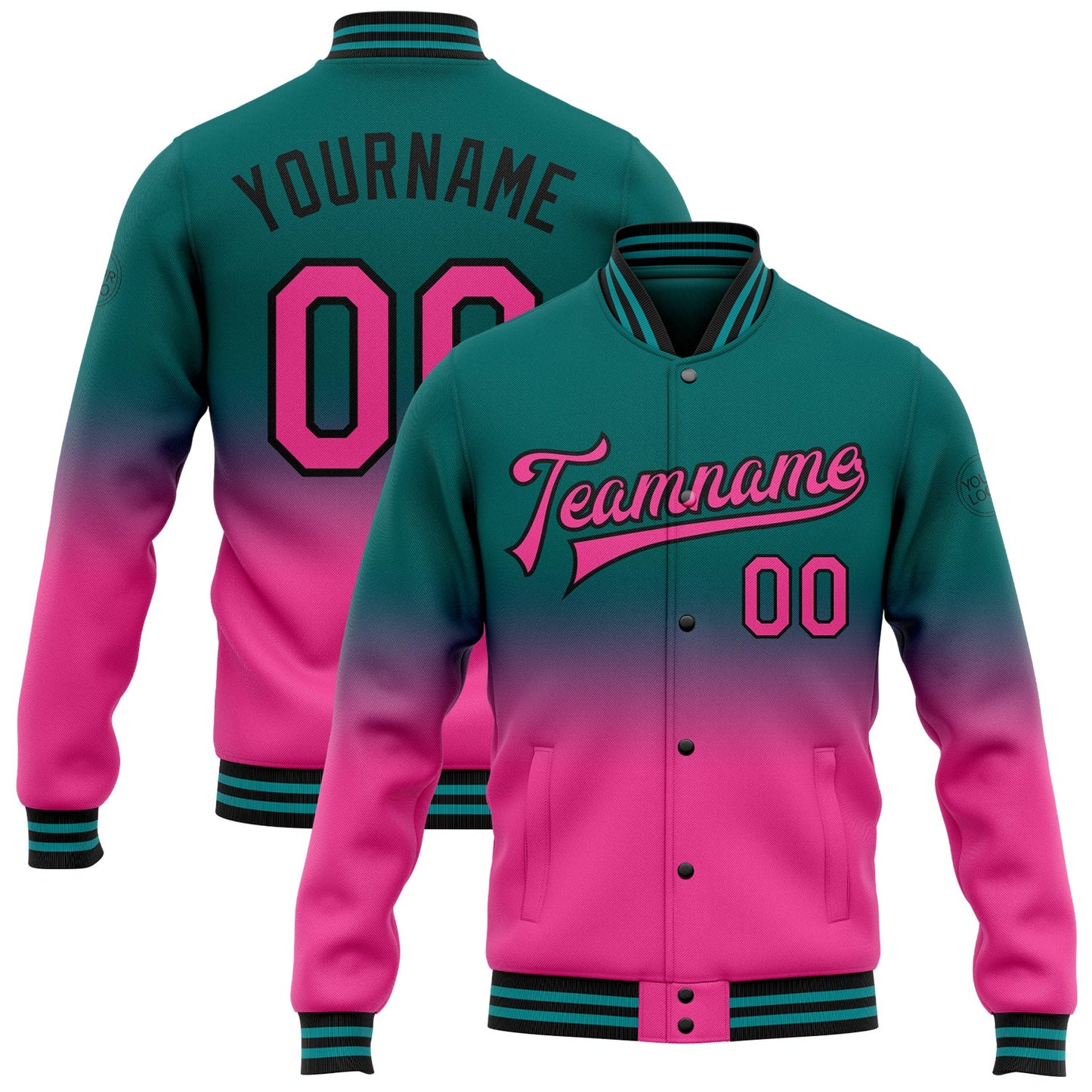 Custom Teal Pink-Black Bomber Full-Snap Varsity Letterman Fade Fashion Jacket - Main View