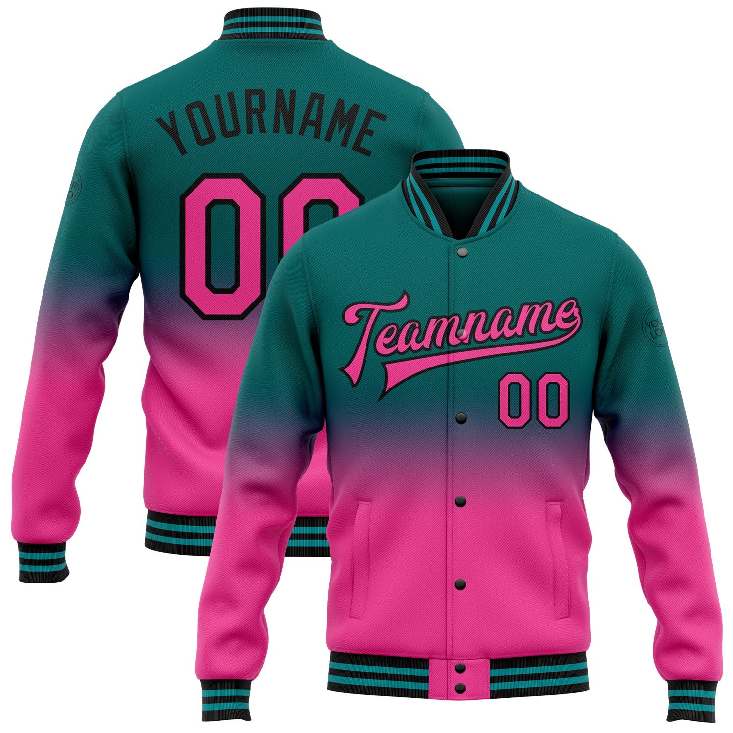 Custom Teal Pink-Black Bomber Full-Snap Varsity Letterman Fade Fashion Jacket - Main View
