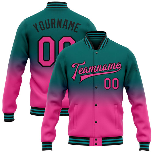 Custom Teal Pink-Black Bomber Full-Snap Varsity Letterman Fade Fashion Jacket - Main View